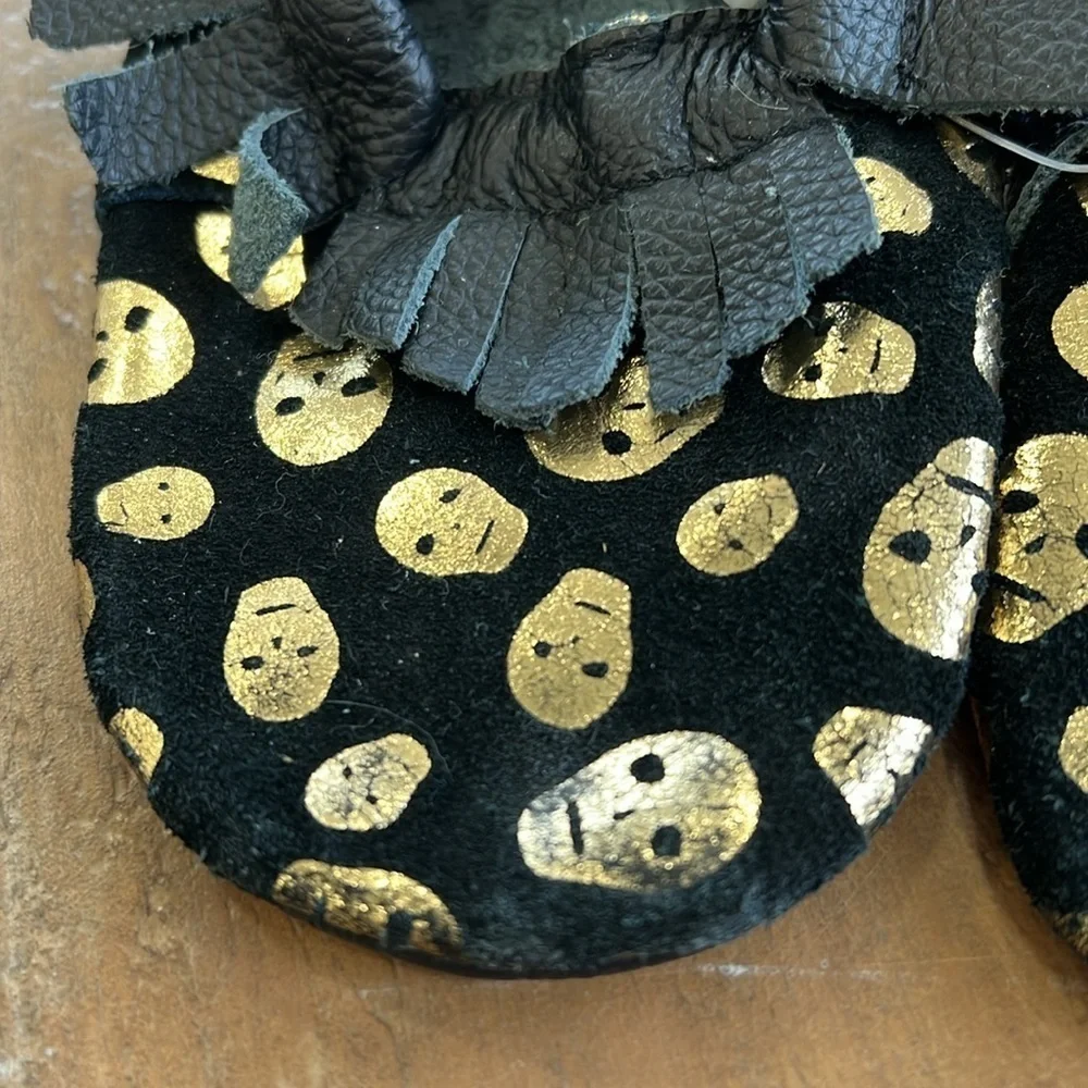 Burdock metallic skull black leather moccasins